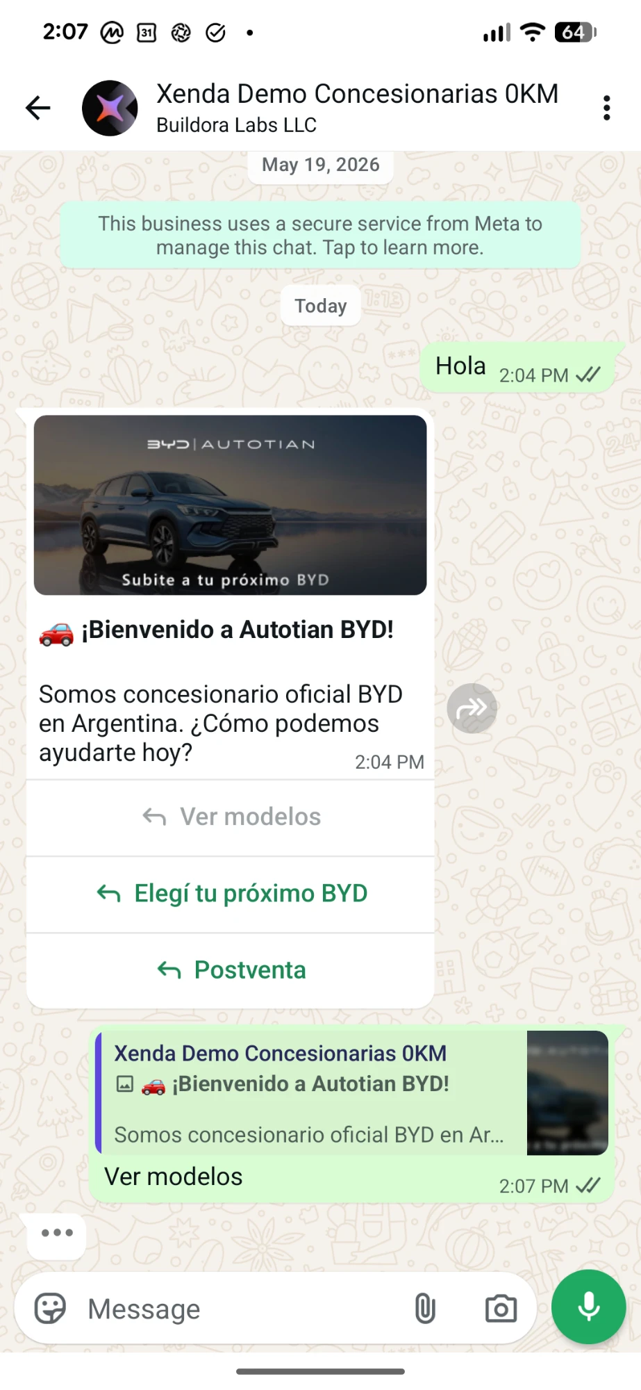 Bienvenida del bot en WhatsApp